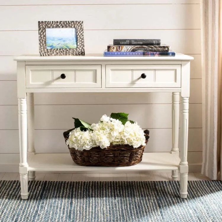 Asian Arts Farmhouse White Console Table With 2 Drawers & Lower Shelf | Entryway Accent