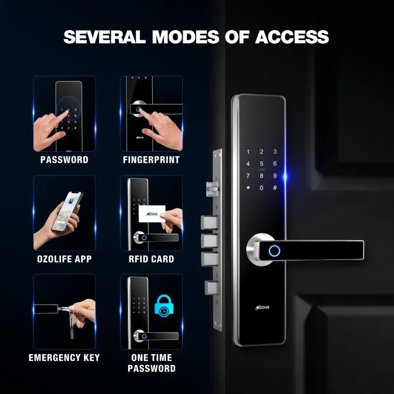 Ozone Smart Bluetooth Lock for Wooden & Metal Doors, 4-Way Access, OzoLife App, Fingerprint, Password, RFID Card, 35-100 mm Door Thickness, Free Installation, 2 Years Warranty (Black | Satin Chrome) by Ozone : Colours available: Black, Chrome 7 7