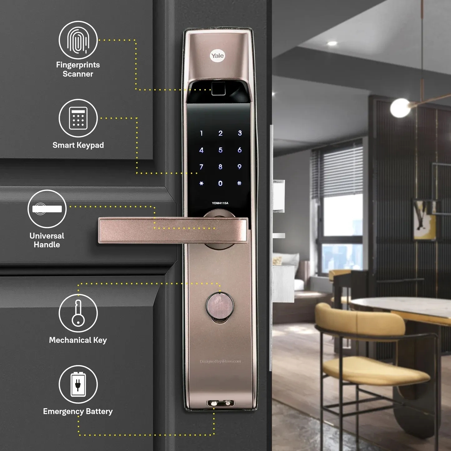 YDM 4115 -A Series Smart Lock with Fingerprint - Bluetooth Module and Wifi Connect Bridge by Yale : Colours available: Brown 1 4