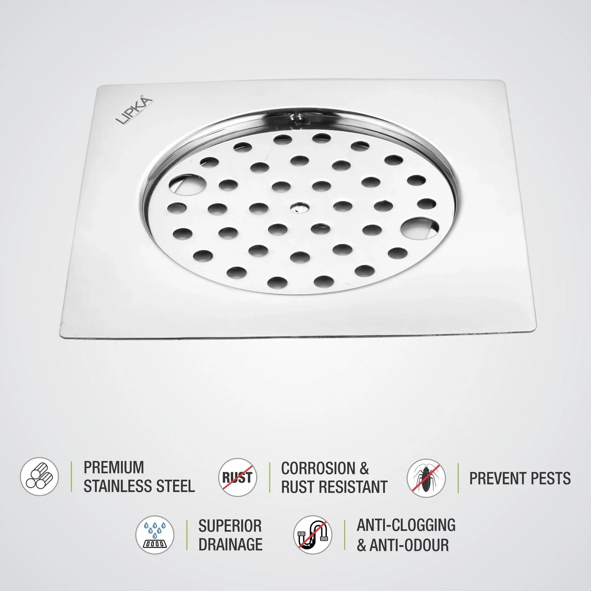 Lipka Eon Square Flat Cut Floor Drain with Plain Jali and Lock (6 x 6 Inches) 2