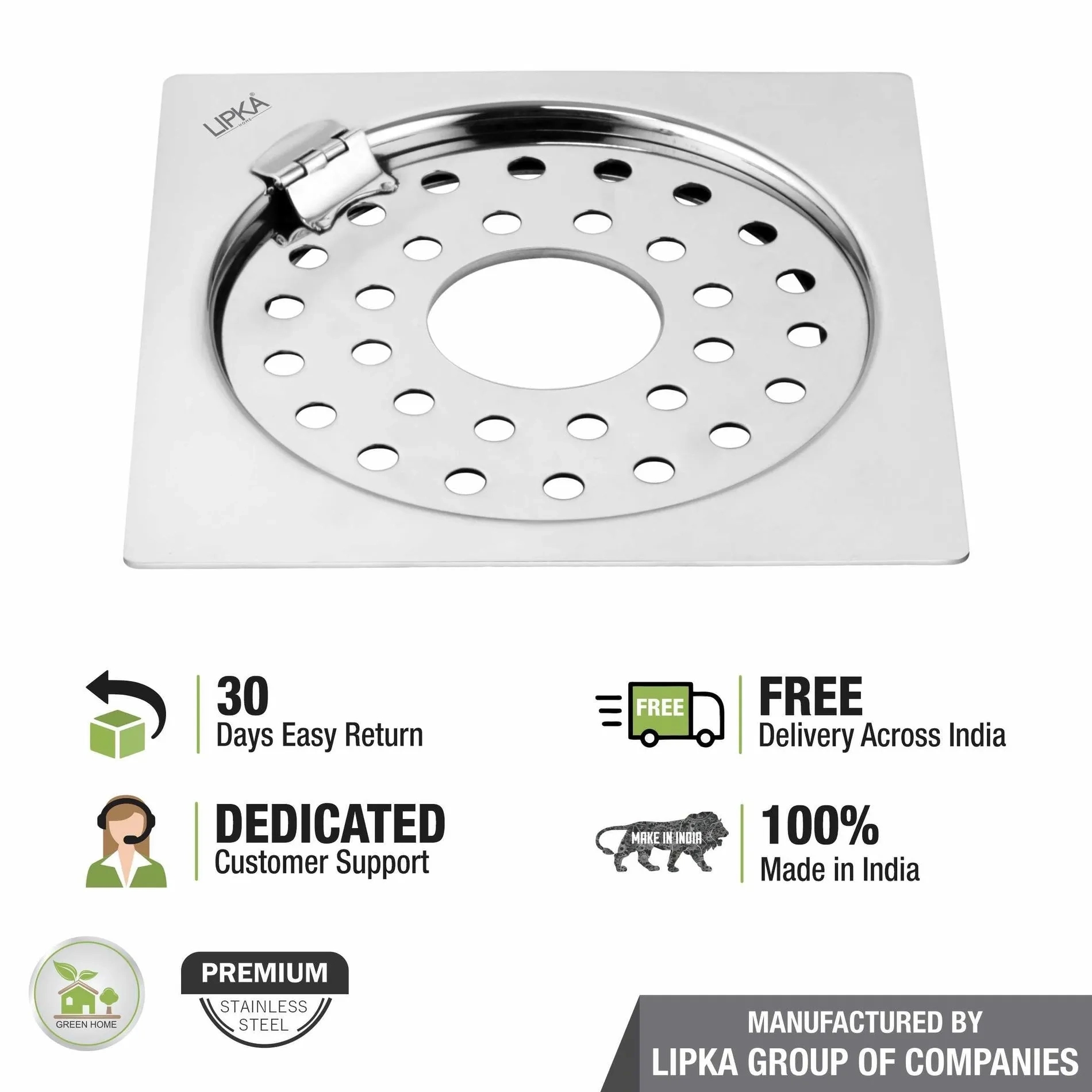 Lipka Eon Square Flat Cut Floor Drain with Plain Jali, Hinge and Hole (5 x 5 Inches) 4