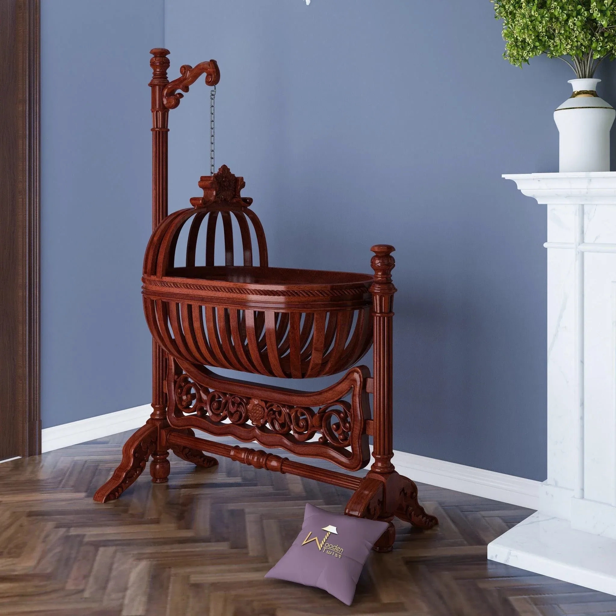 Wooden Twist Royal Teak Wood Baby Cradle (Walnut Finish)