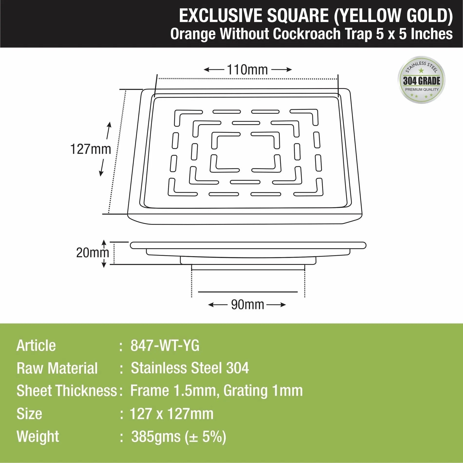 Lipka Orange Exclusive Square Floor Drain in Yellow Gold PVD Coating (5 x 5 Inches) 1