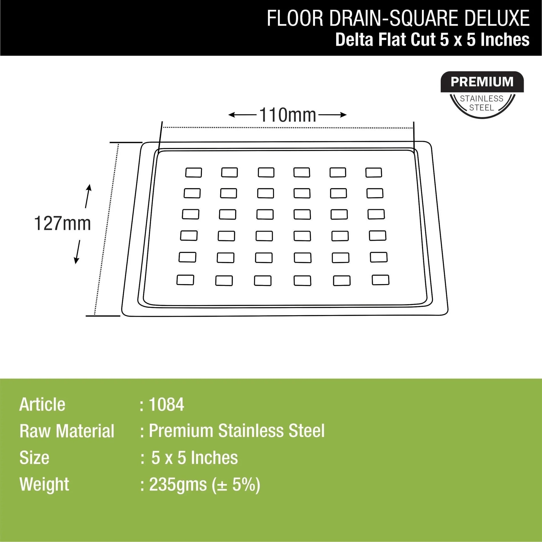 Lipka Delta Deluxe Square Flat Cut Floor Drain (5 x 5 Inches) 1