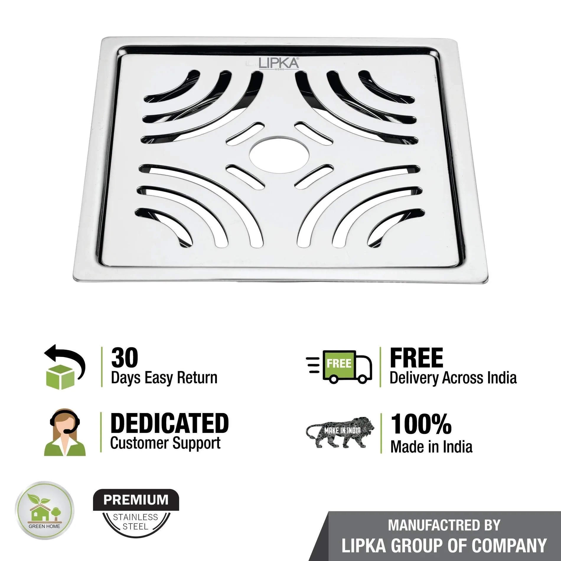 Lipka Gamma Deluxe Square Flat Cut Floor Drain (6 x 6 Inches) with Hole 3