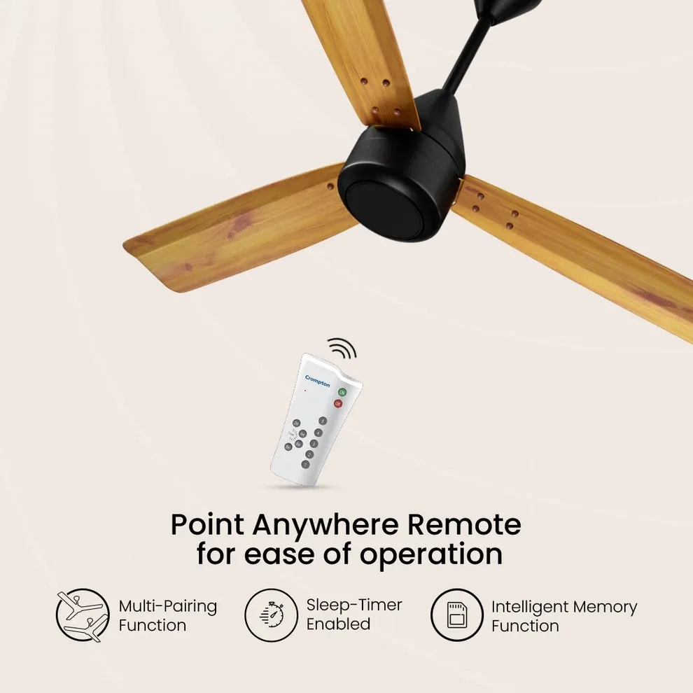 Crompton Energion Groove Remote BLDC Ceiling Fan - Light Pine Wood by Crompton : Colours available: SandyBrown 13 5