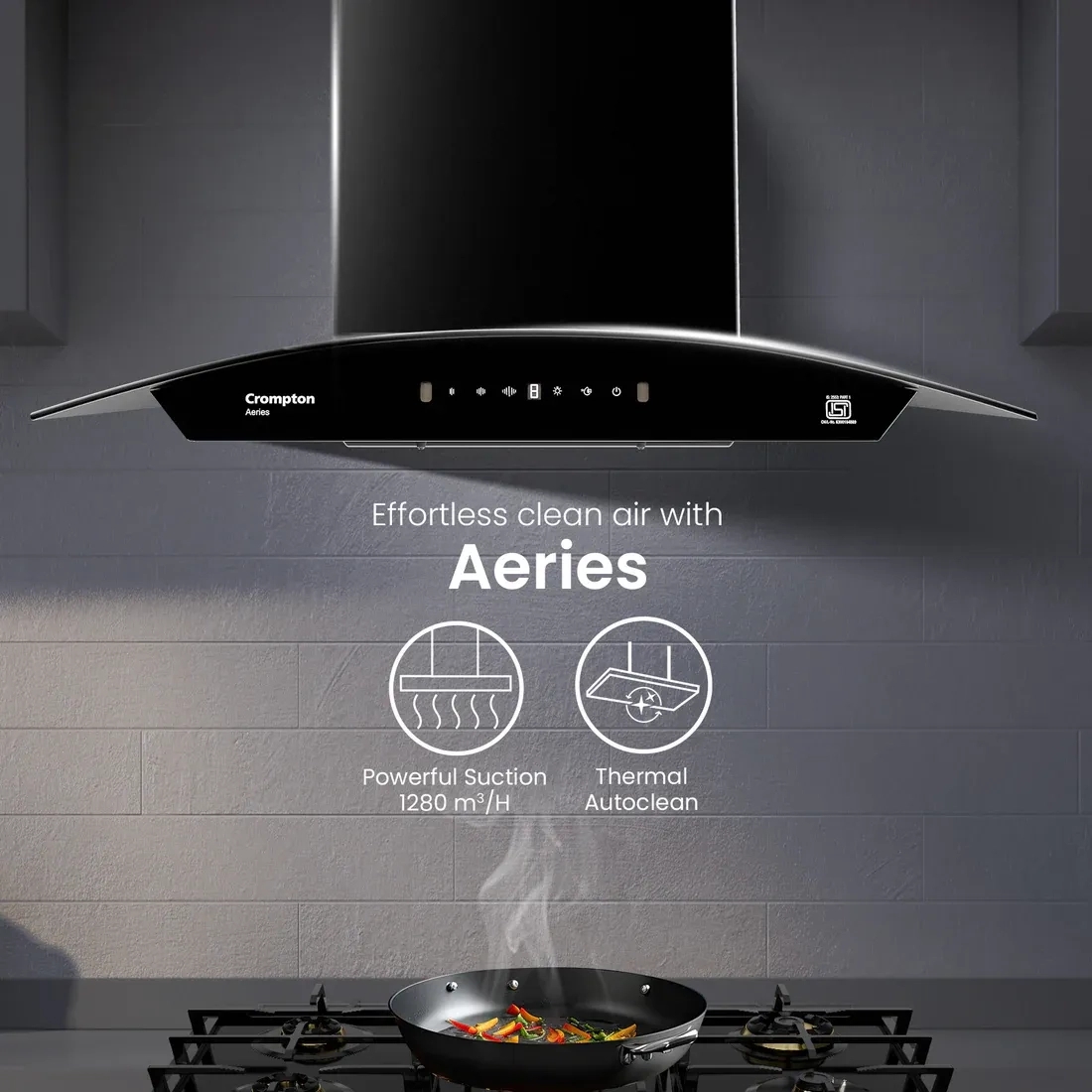 Crompton Aeries Curv Filterless Ind Chimney 60cm by Crompton : Colours available: Black 13 1