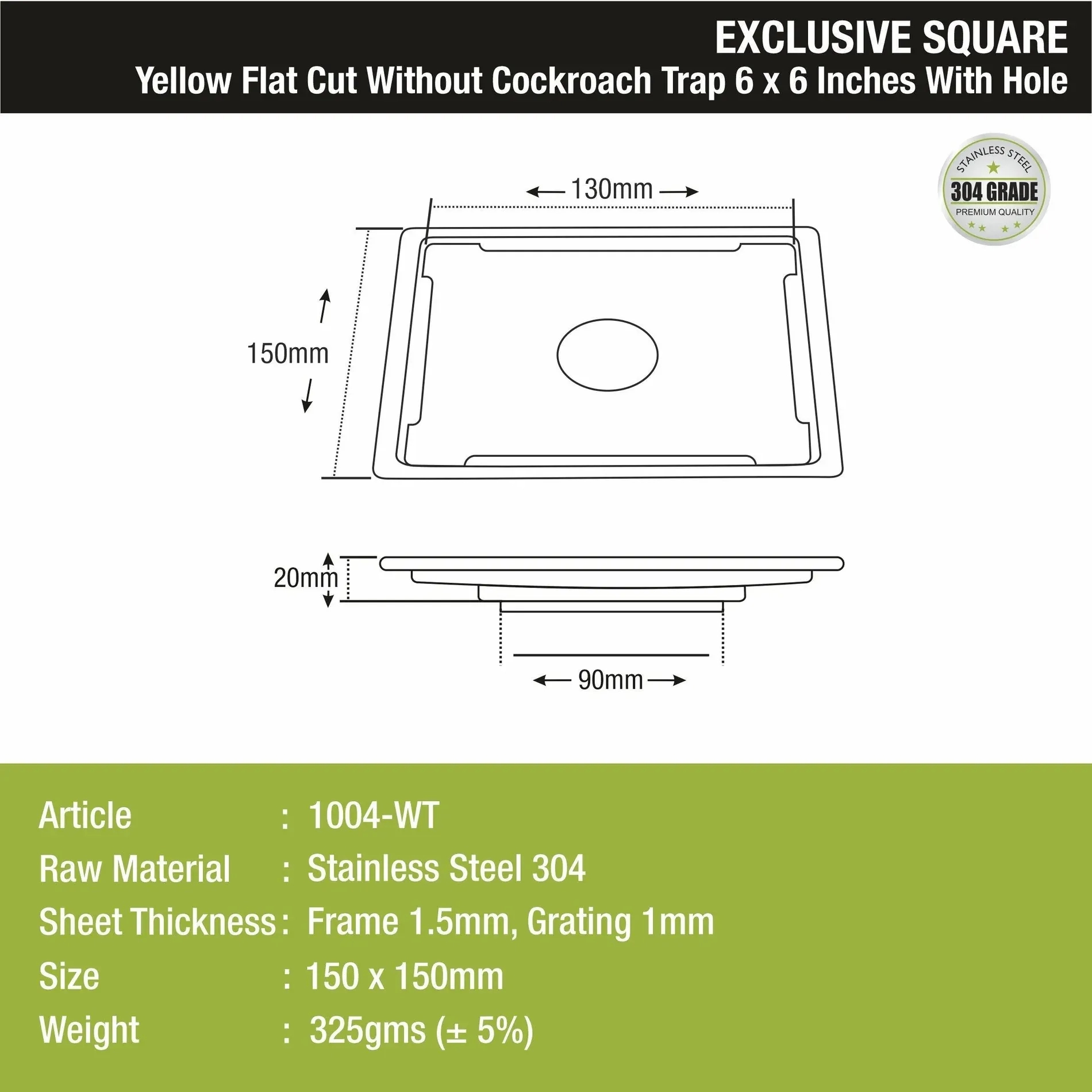 Lipka Yellow Exclusive Square Flat Cut Floor Drain (6 x 6 Inches) with Hole 1