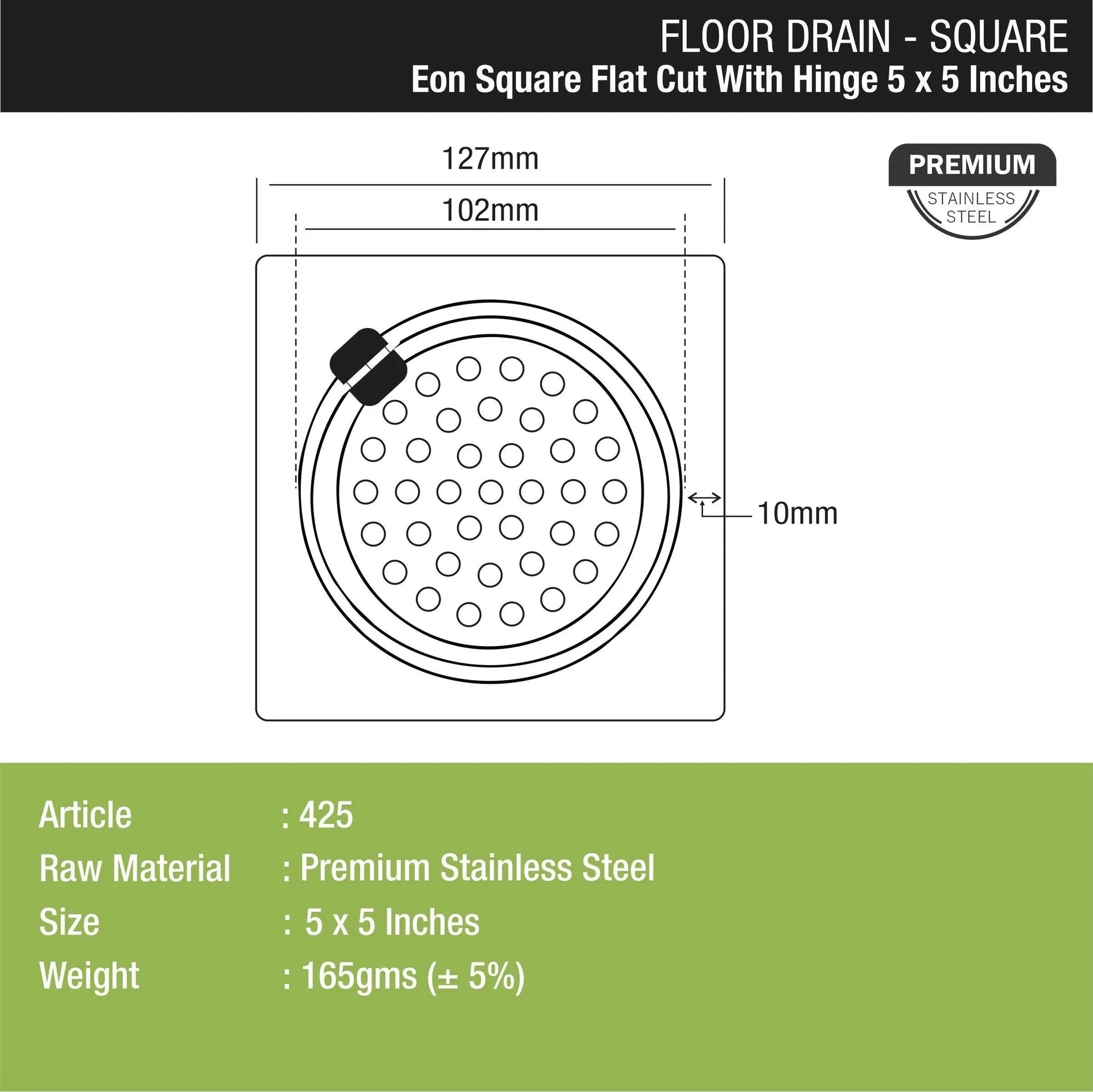 Lipka Eon Square Flat Cut Floor Drain with Hinge (5 x 5 Inches) 1