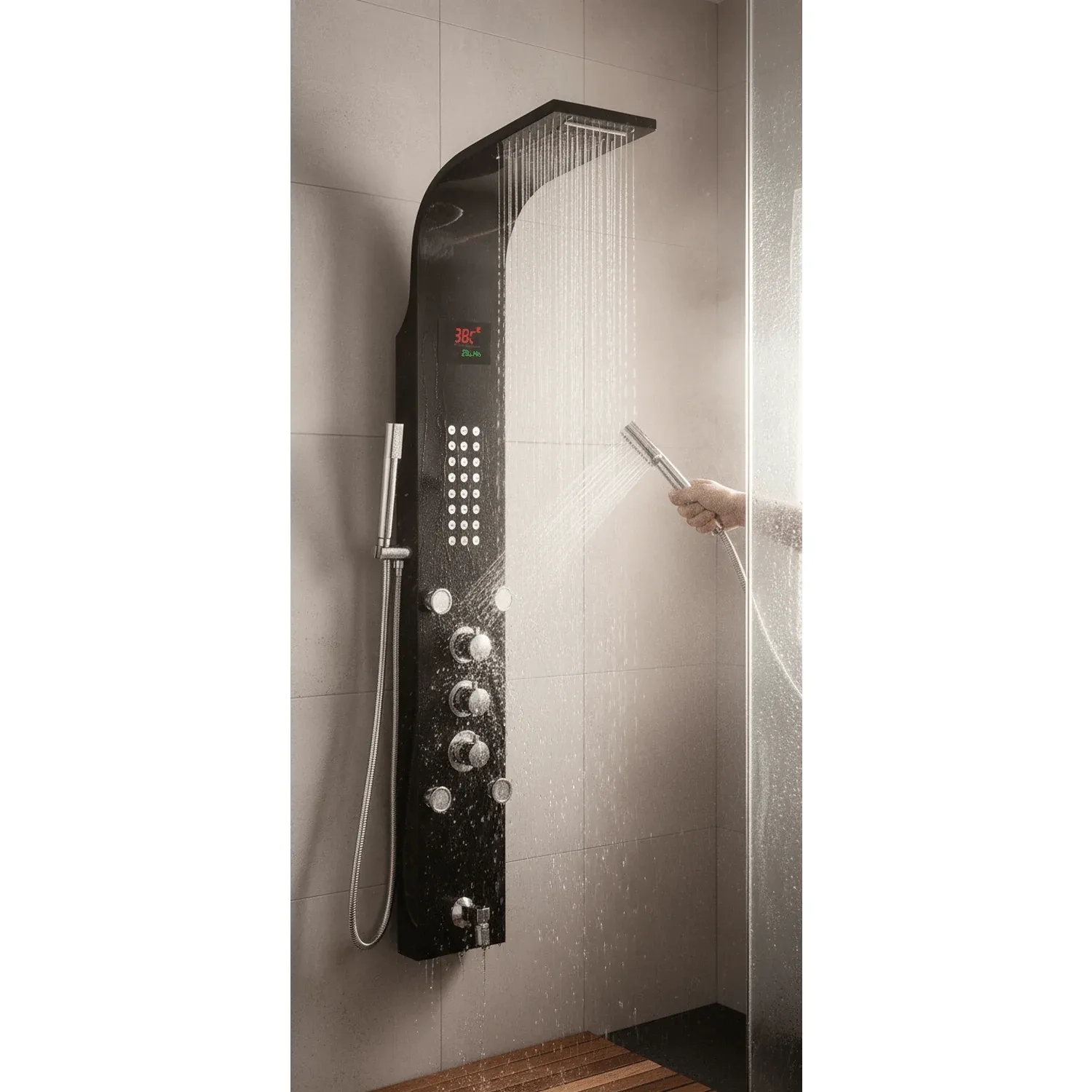 Aquieen 5-in-1 Wall-Mounted Black Shower Panel Set | Heavy-Duty SS304 Body with Overhead Shower, Hand Shower, Body Jet, Spout, Hot & Cold Water Flow Control & Temperature Display