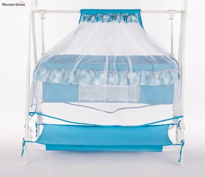 Wooden Street Desswith Maia Movable Steel with Mosquito Protection Net Baby Cot Blue 1