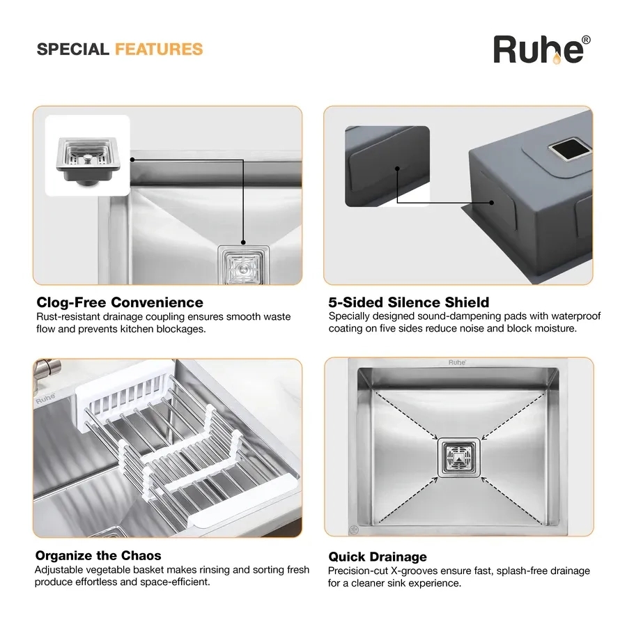 Ruhe Handmade Single Bowl Kitchen Sink - 21 X 18 X 10 Inches by Ruhe : Colours available: Silver 3 4