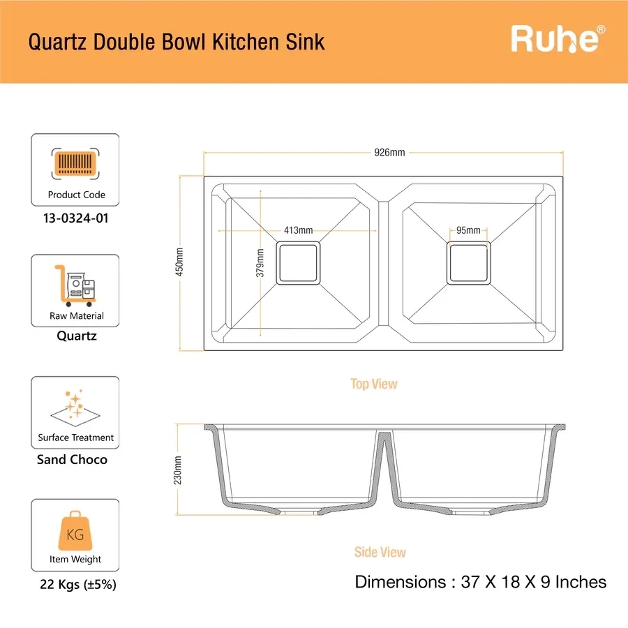 Ruhe Quartz Double Bowl Kitchen Sink 37 X 18 X 9 Inches - Tan by Ruhe : Colours available: Tan 8 2