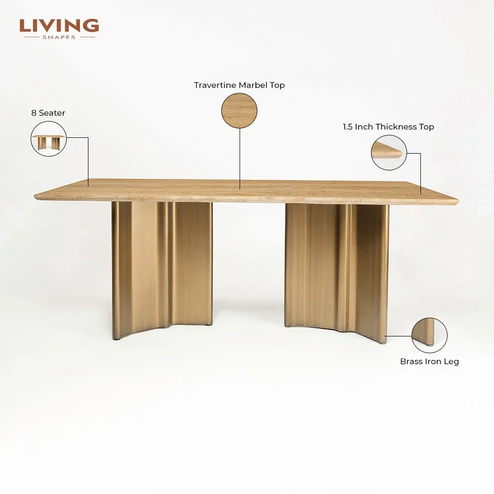 LivingShapes Omar Marble 8 Seater Dining Table with Iron - Brass / Travertine by Living Shapes : Colours available: BurlyWood, GoldMattPVD 1 1