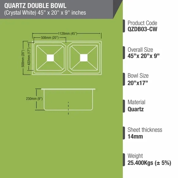 Lipka Crystal White Quartz Double Bowl Kitchen Sink (45 x 20 x 9 Inches) 2