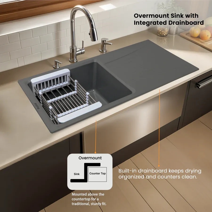 Ruhe Quartz Single Bowl With Drainboard Kitchen Sink -  36 X 18 X 9 Inches - Grey by Ruhe : Colours available: Grey 9 6