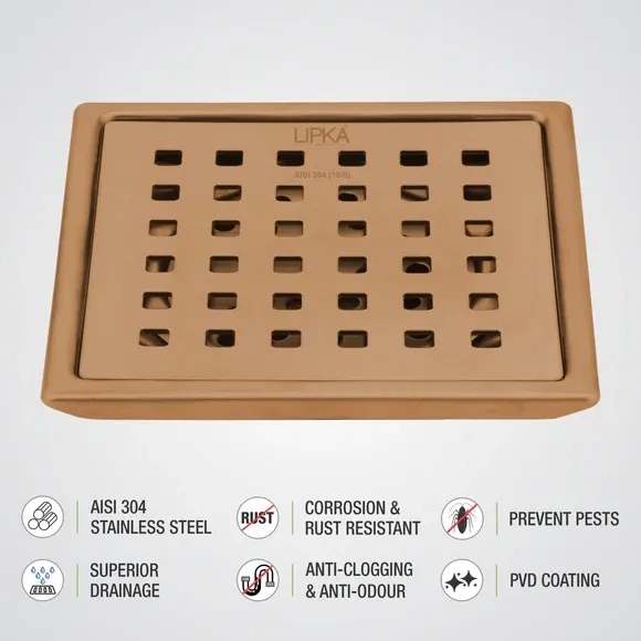 Lipka Red Exclusive Square Floor Drain in Antique Copper PVD Coating (5 x 5 Inches) 2