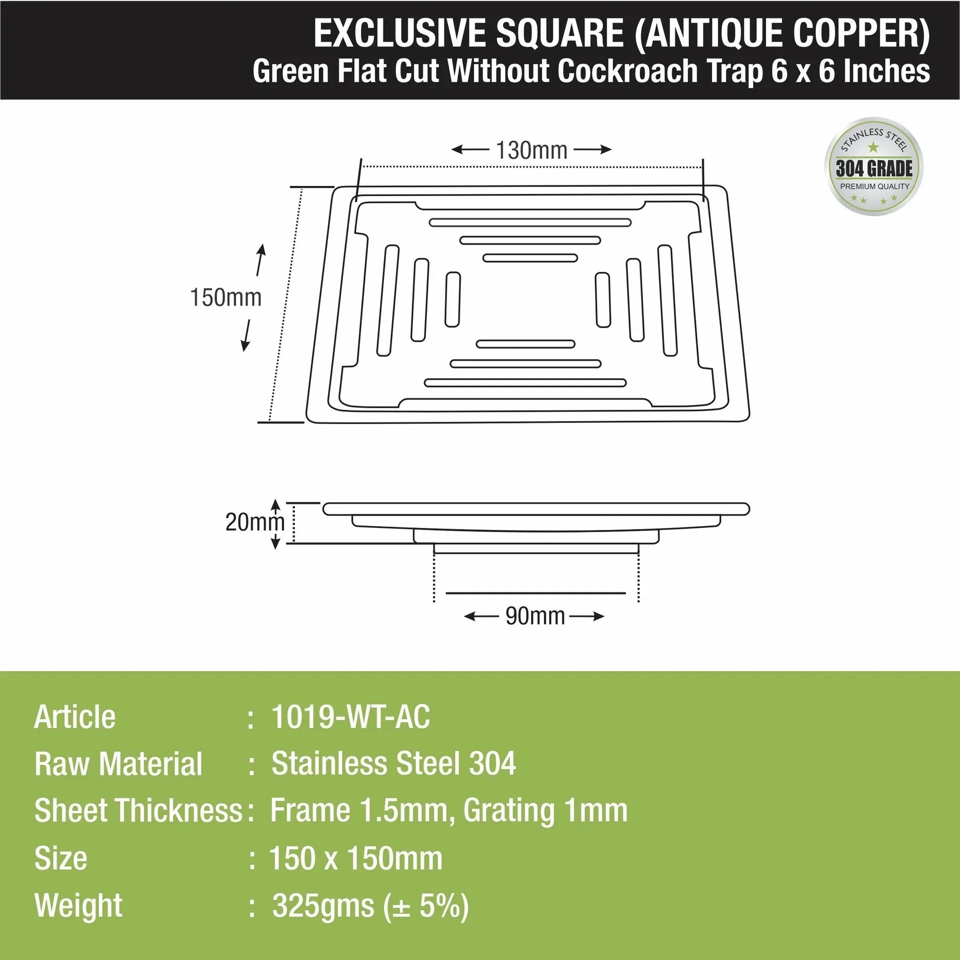 Lipka Green Exclusive Square Flat Cut Floor Drain in Antique Copper PVD Coating (6 x 6 Inches) 1
