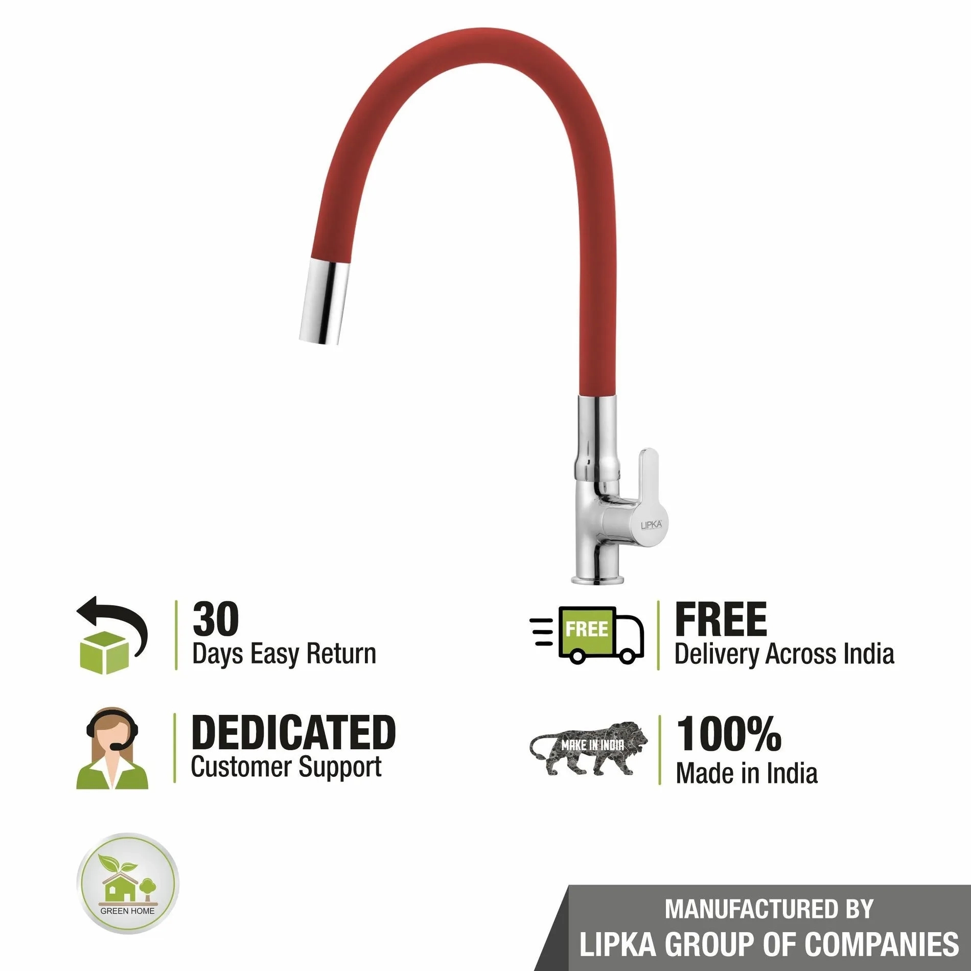 Lipka Fusion Swan Neck Brass Faucet with Flexible Silicone Spout (Red) 2