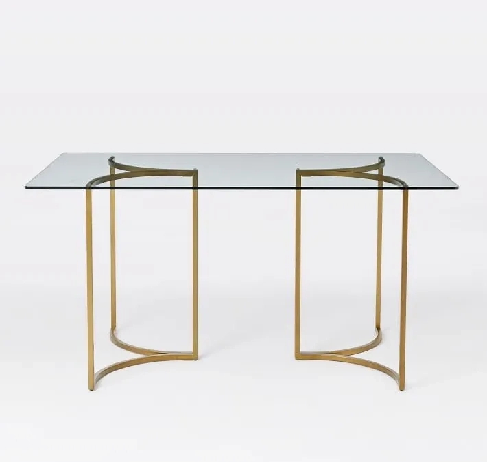 Asian Arts Modern Glam Glass Dining Table - Rectangular Top with Curved Gold Metal Base by Asian Arts : Colours available: Gold 3 3