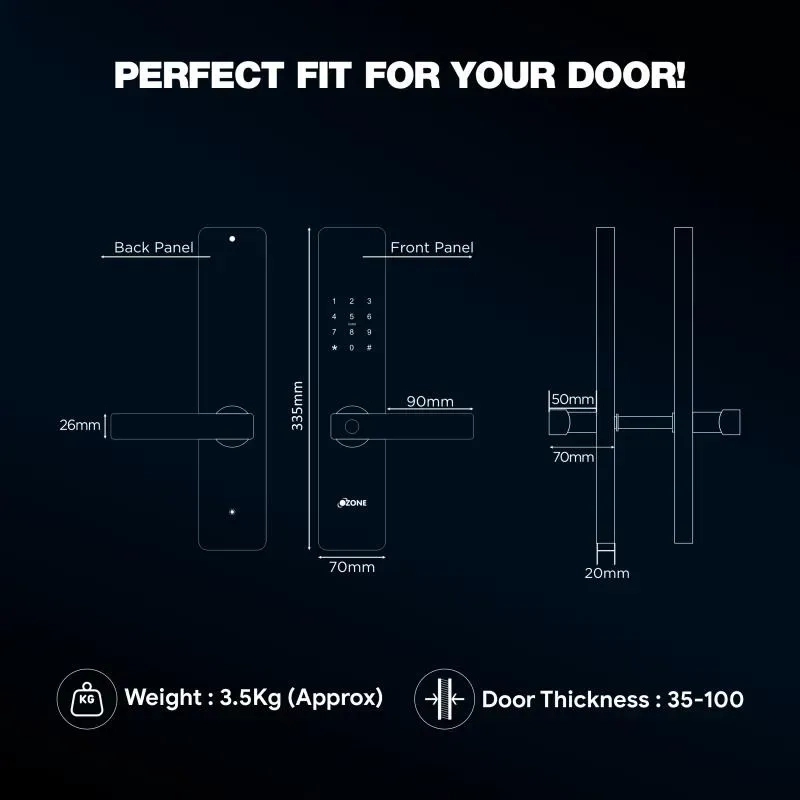 Ozone Smart Bluetooth Lock for Wooden & Metal Doors, 4-Way Access, OzoLife App, Fingerprint, Password, RFID Card, 35-100 mm Door Thickness, Free Installation, 2 Years Warranty (Black | Satin Chrome) by Ozone : Colours available: Black, Chrome 8 8