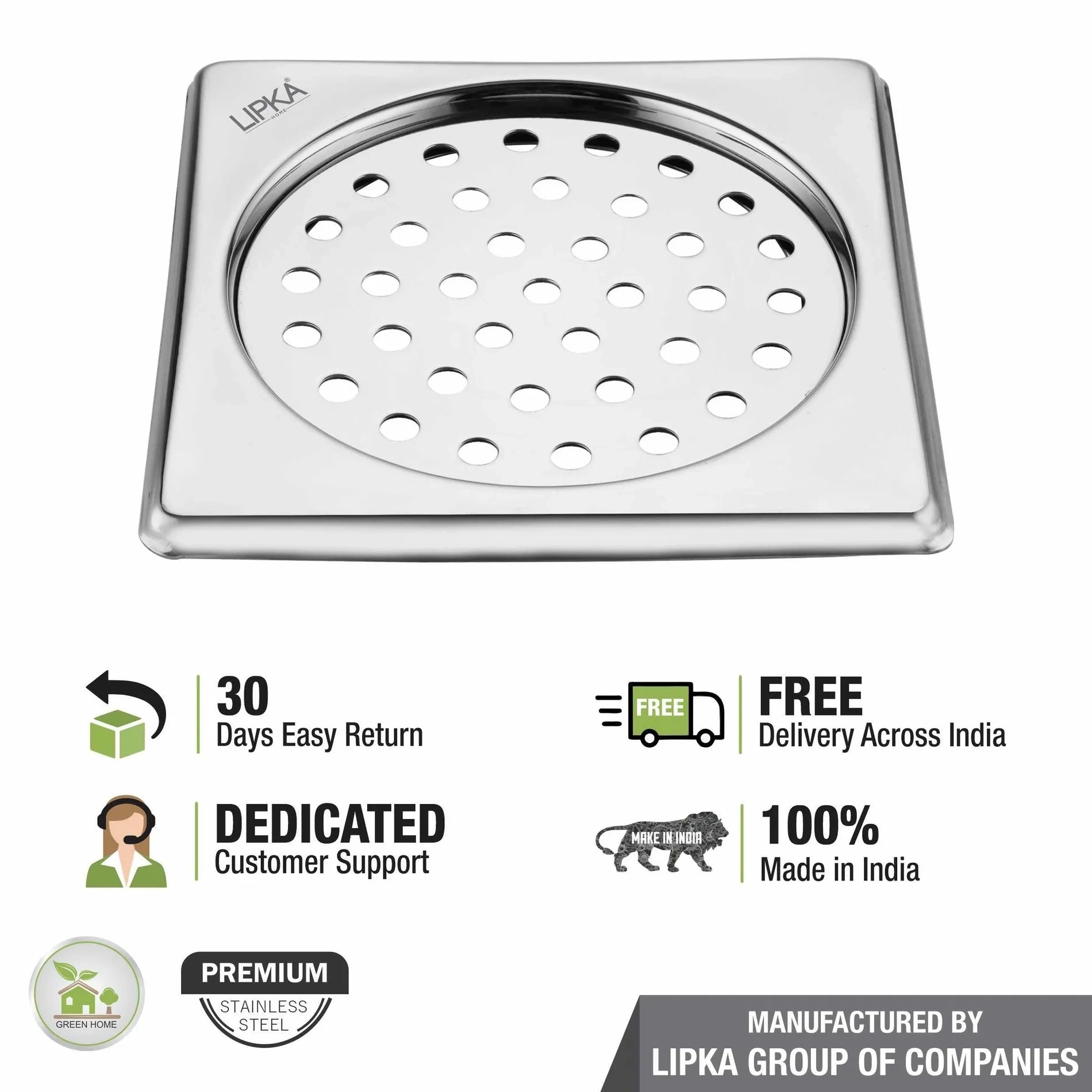Lipka Eon Square Floor Drain with Plain Jali (6 x 6 Inches) 4