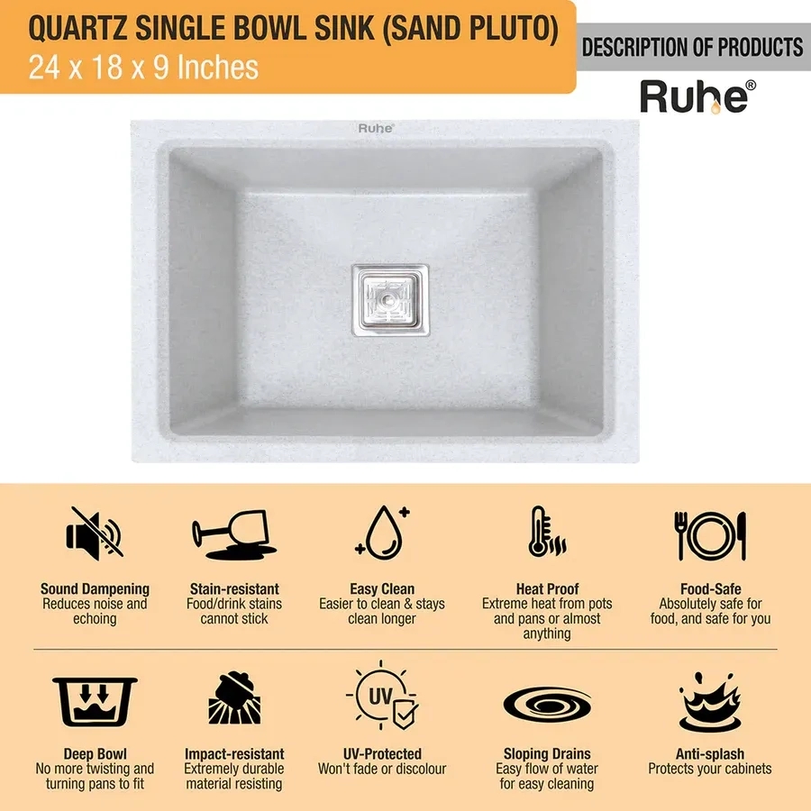 Ruhe Quartz Single Bowl Kitchen Sink 24 X 18 X 9 Inches - Chrome by Ruhe : Colours available: Chrome 9 3