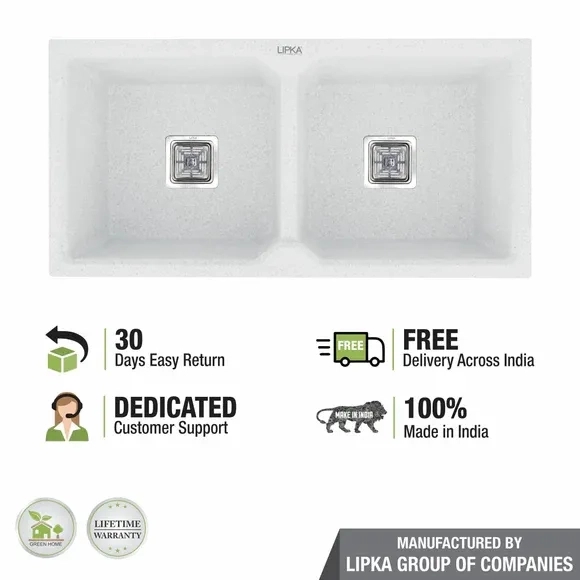 Lipka Crystal White Quartz Double Bowl Kitchen Sink (45 x 20 x 9 Inches) 5
