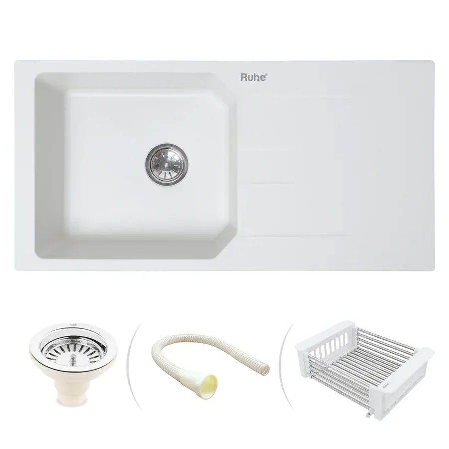 Ruhe Quartz Single Bowl With Drainboard Kitchen Sink - 39 X 20 X 9 Inches - White by Ruhe : Colours available: White 10 1