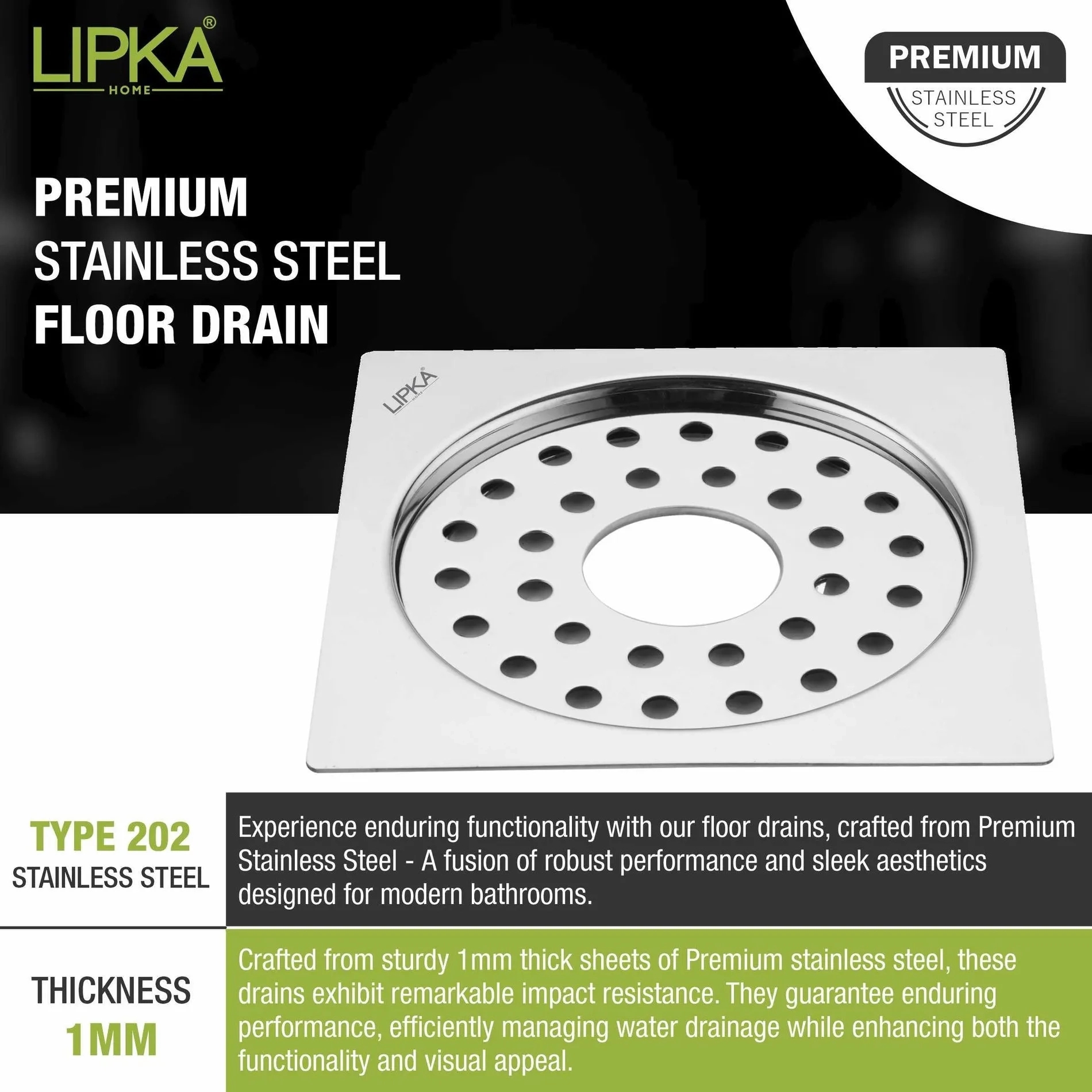 Lipka Eon Square Flat Cut Floor Drain with Plain Jali and Hole (6 x 6 Inches) 3
