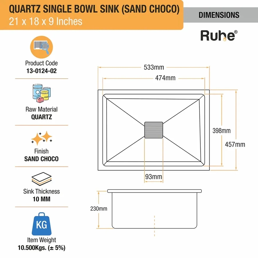 Ruhe Quartz Single Bowl Kitchen Sink - 21 X 18 X 9 Inches - Tan by Ruhe : Colours available: Tan 11 2