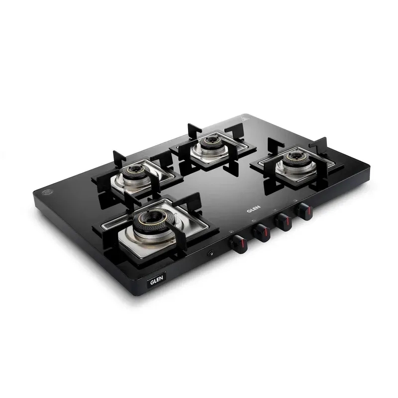 Glen Ultra Slim LPG Gas Stove 4 Burner|Toughened Glass Top|1 Jumbo, 3 Forged Brass Burners|360° Revolving Inlet Nozzle|Manual Ignition|5 Years Warranty On Glass, Valve And Burner|1047USBL