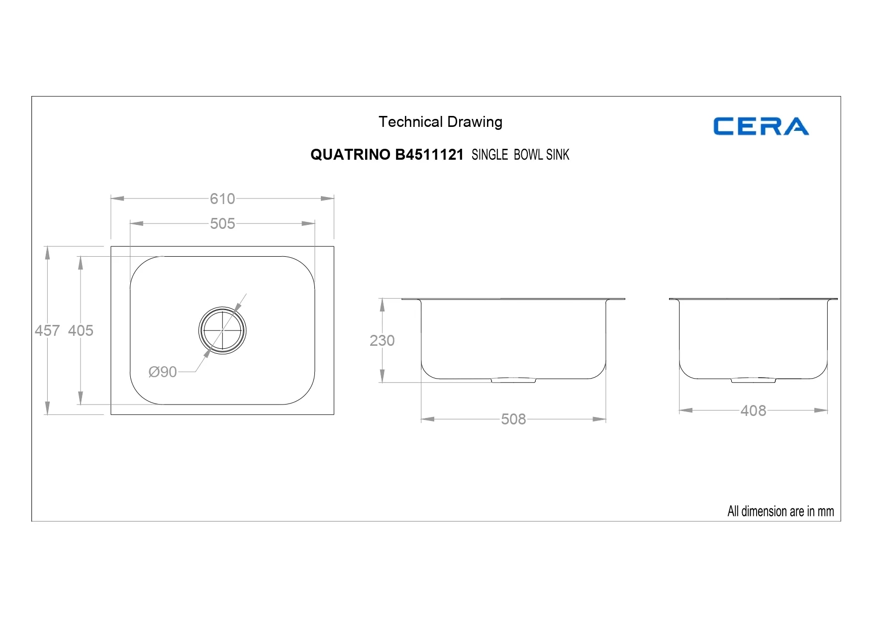 Cera Quatrino Single Bowl Kitchen Sink - B4511121G by Cera : Colours available: Silver 1 1