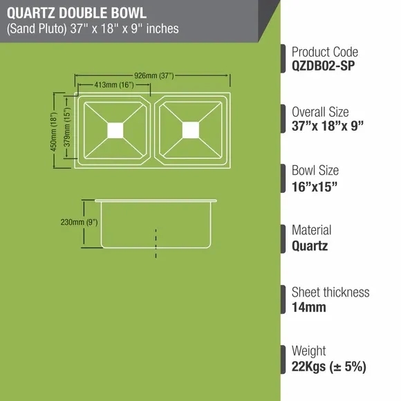 Lipka Sand Pluto Quartz Double Bowl Kitchen Sink (37 x 18 x 9 Inches) 2