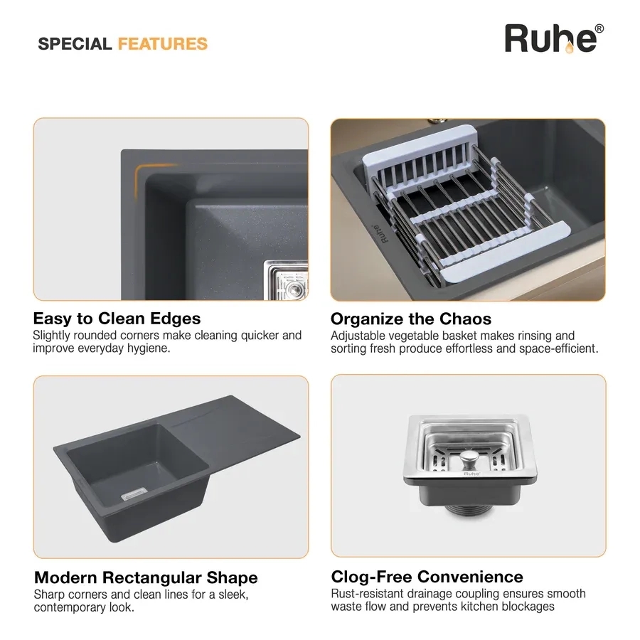 Ruhe Quartz Single Bowl With Drainboard Kitchen Sink -  36 X 18 X 9 Inches - Grey by Ruhe : Colours available: Grey 7 4