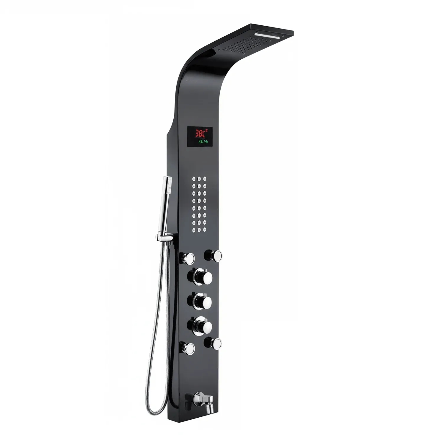 Aquieen 5-in-1 Wall-Mounted Black Shower Panel Set | Heavy-Duty SS304 Body with Overhead Shower, Hand Shower, Body Jet, Spout, Hot & Cold Water Flow Control & Temperature Display 1