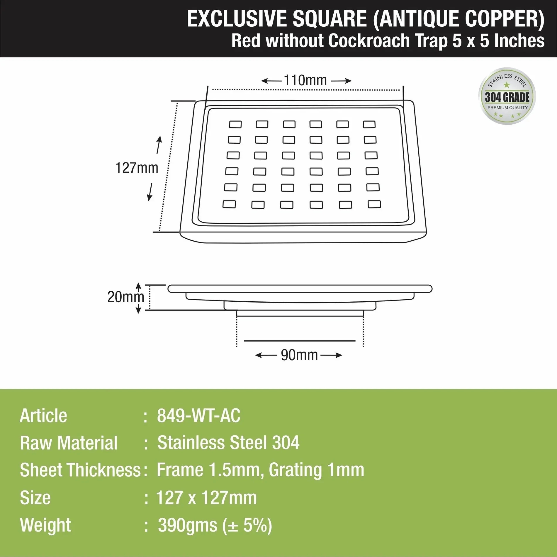 Lipka Red Exclusive Square Floor Drain in Antique Copper PVD Coating (5 x 5 Inches) 1