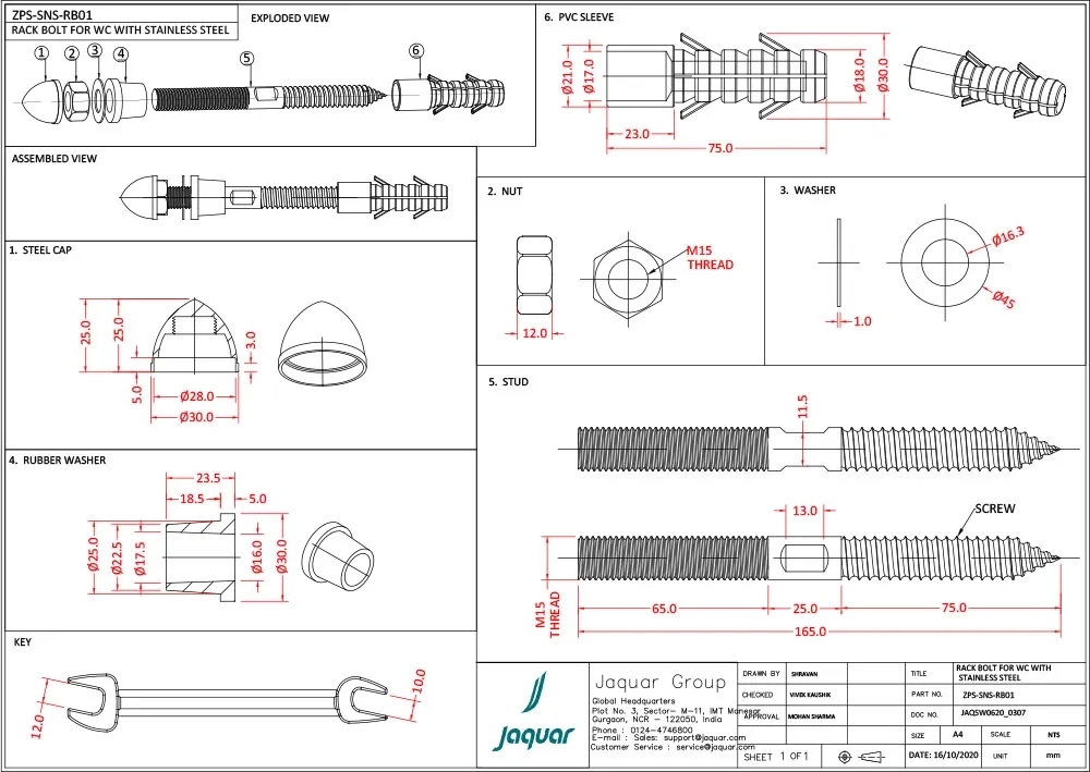 SS Rack Bolt for WC - 16 mm by Jaquar 1 1