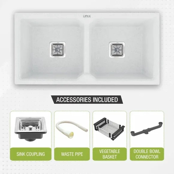 Lipka Crystal White Quartz Double Bowl Kitchen Sink (45 x 20 x 9 Inches) 4