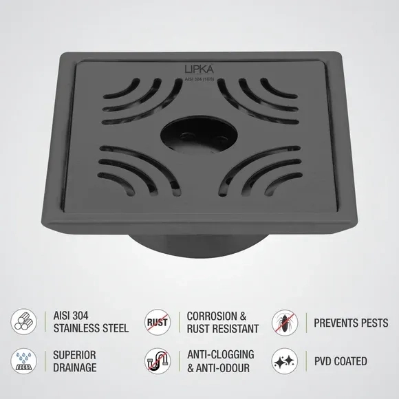 Lipka Purple Exclusive Square Floor Drain in Black PVD Coating (6 x 6 Inches) with Hole & Cockroach Trap 3