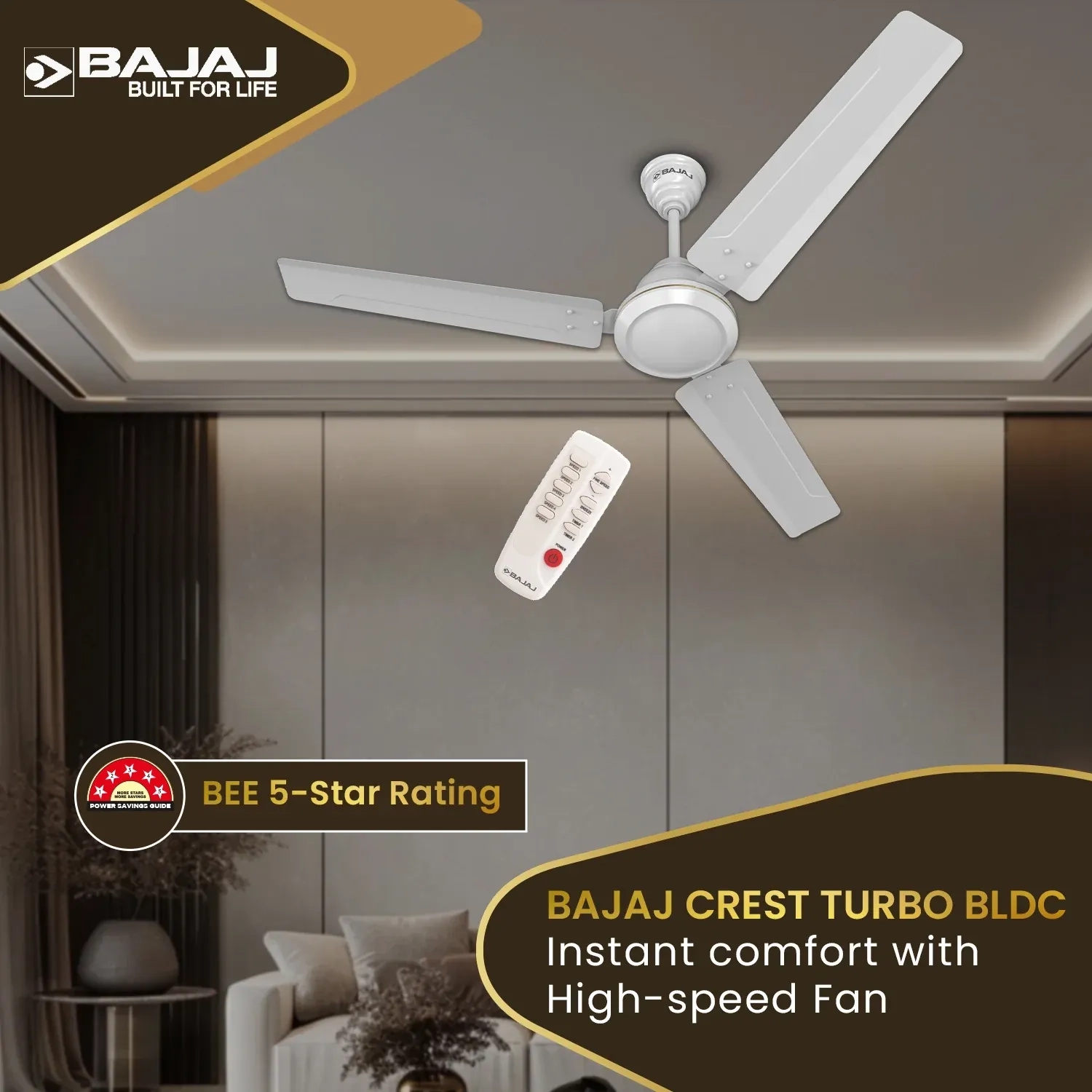 Bajaj Crest Turbo BLDC 1200mm Ceiling Fan - White by Bajaj : Colours available: White 10 1