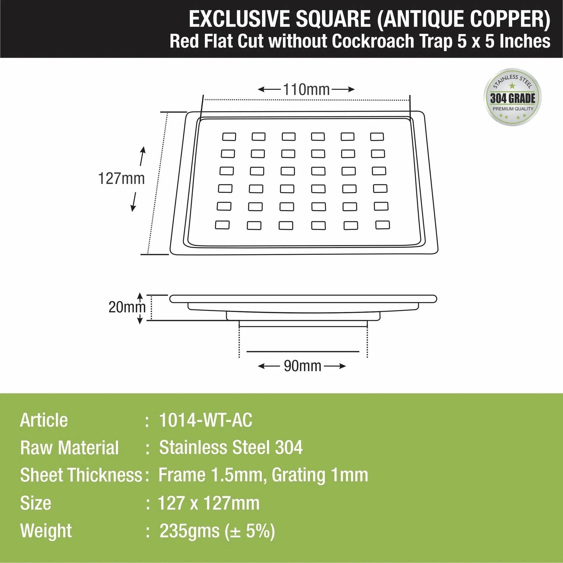 Lipka Red Exclusive Square Flat Cut Floor Drain in Antique Copper PVD Coating (5 x 5 Inches) 1