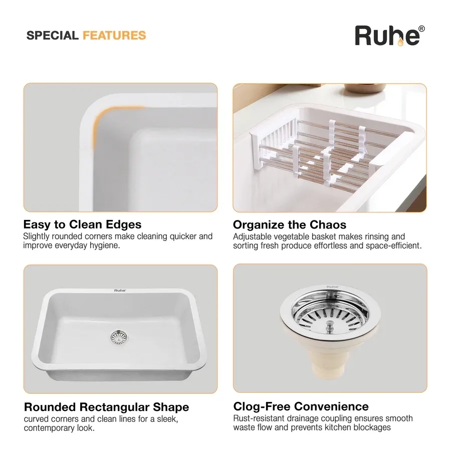 Ruhe Quartz Single Bowl Kitchen Sink 31 X 19 X 9 Inches - White by Ruhe : Colours available: White 14 4