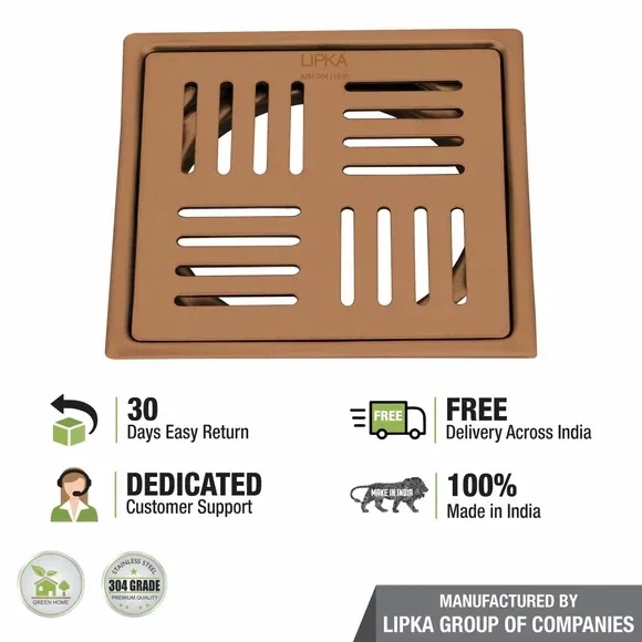 Lipka Pink Exclusive Square Flat Cut Floor Drain in Antique Copper PVD Coating (6 x 6 Inches) 3