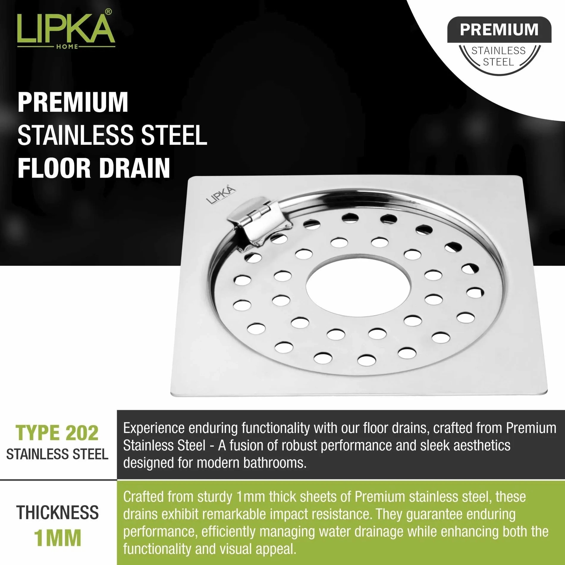 Lipka Eon Square Flat Cut Floor Drain with Plain Jali, Hinge and Hole (5 x 5 Inches) 3