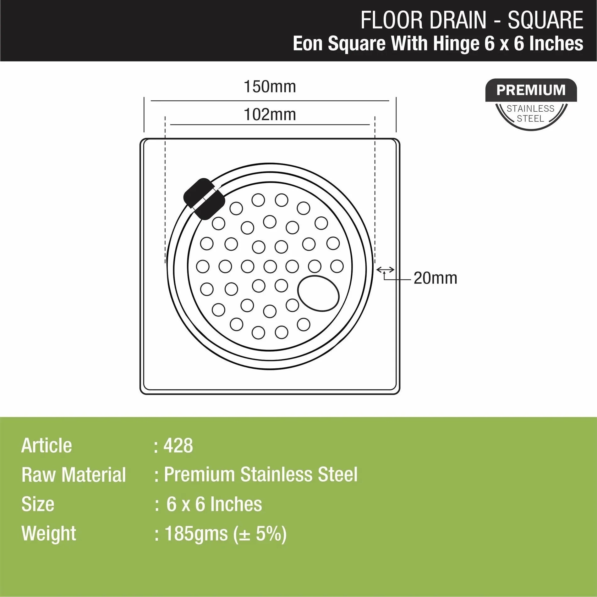 Lipka Eon Square Floor Drain with Hinge and Hole (6 x 6 Inches) 1