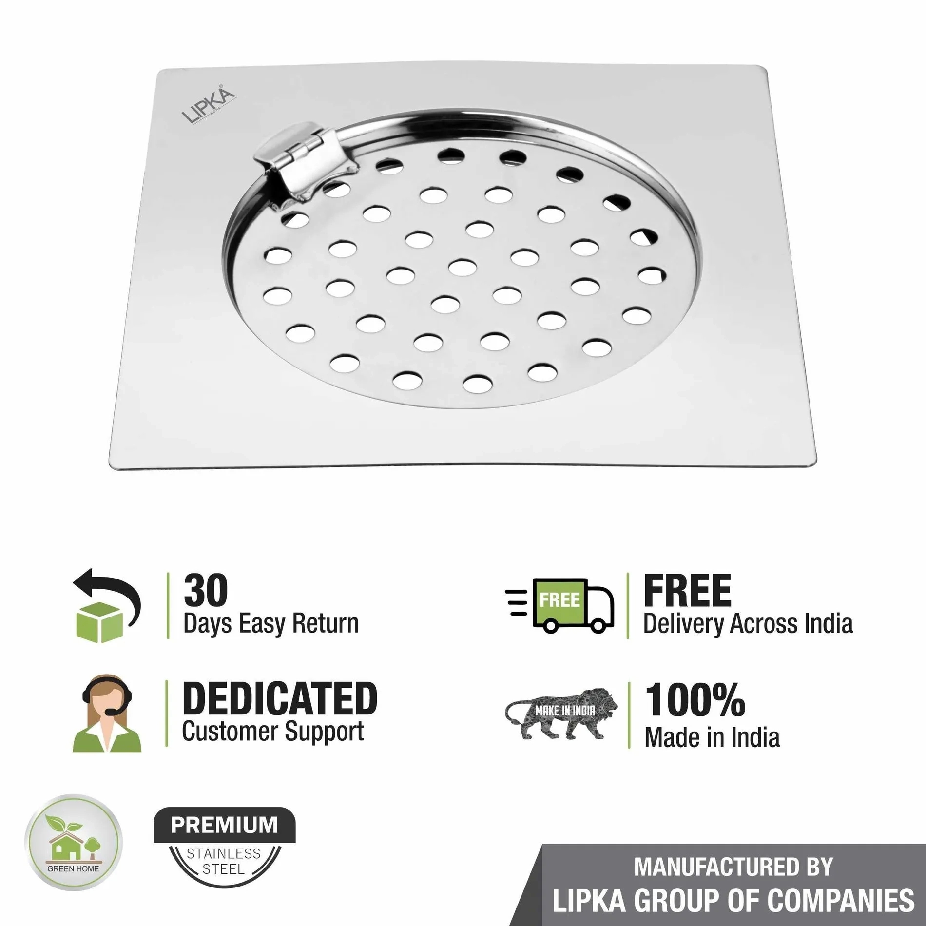 Lipka Eon Square Flat Cut Floor Drain with Plain Jali and Hinge (6 x 6 Inches) 4