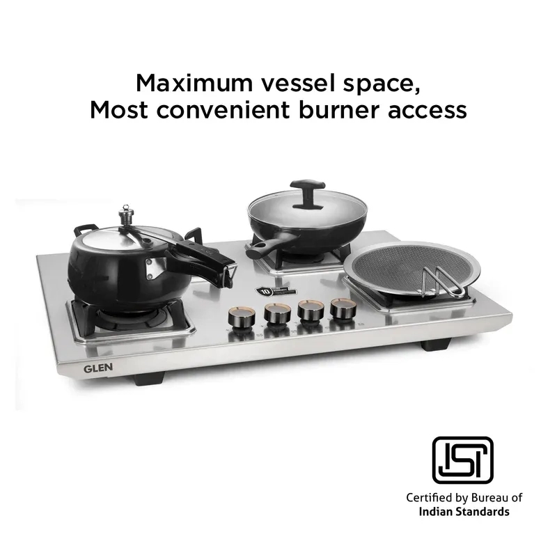 Glen 4 Burner Stainless Steel LPG Gas Stove|10 Years warranty on Burners and Gas Valve|1 Jumbo Forged Brass Burner|Ultra Tough Body|Manual Ignition|360° Revolving Brass Nozzle|1054UTTNDTSS 2