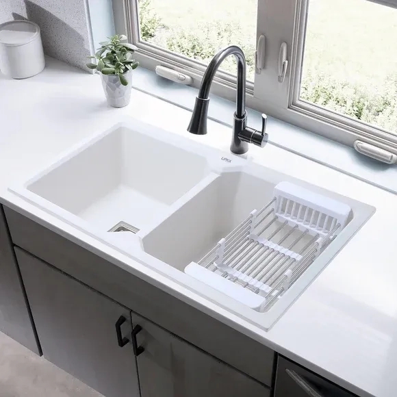 Lipka Crystal White Quartz Double Bowl Kitchen Sink (45 x 20 x 9 Inches)