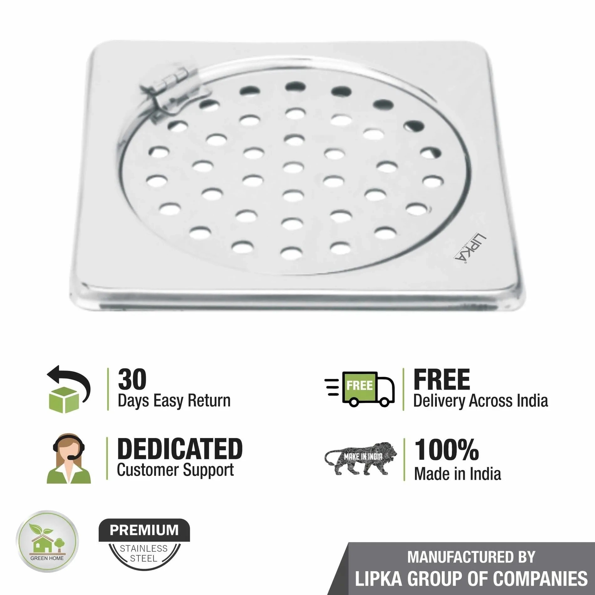 Lipka Eon Square Floor Drain with Plain Jali and Hinge (6 x 6 Inches) 4